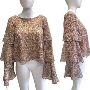 BCBGeneration Tiered Ruffle Bell Sleeve Blouse Size Small Sheer Floral Metallic